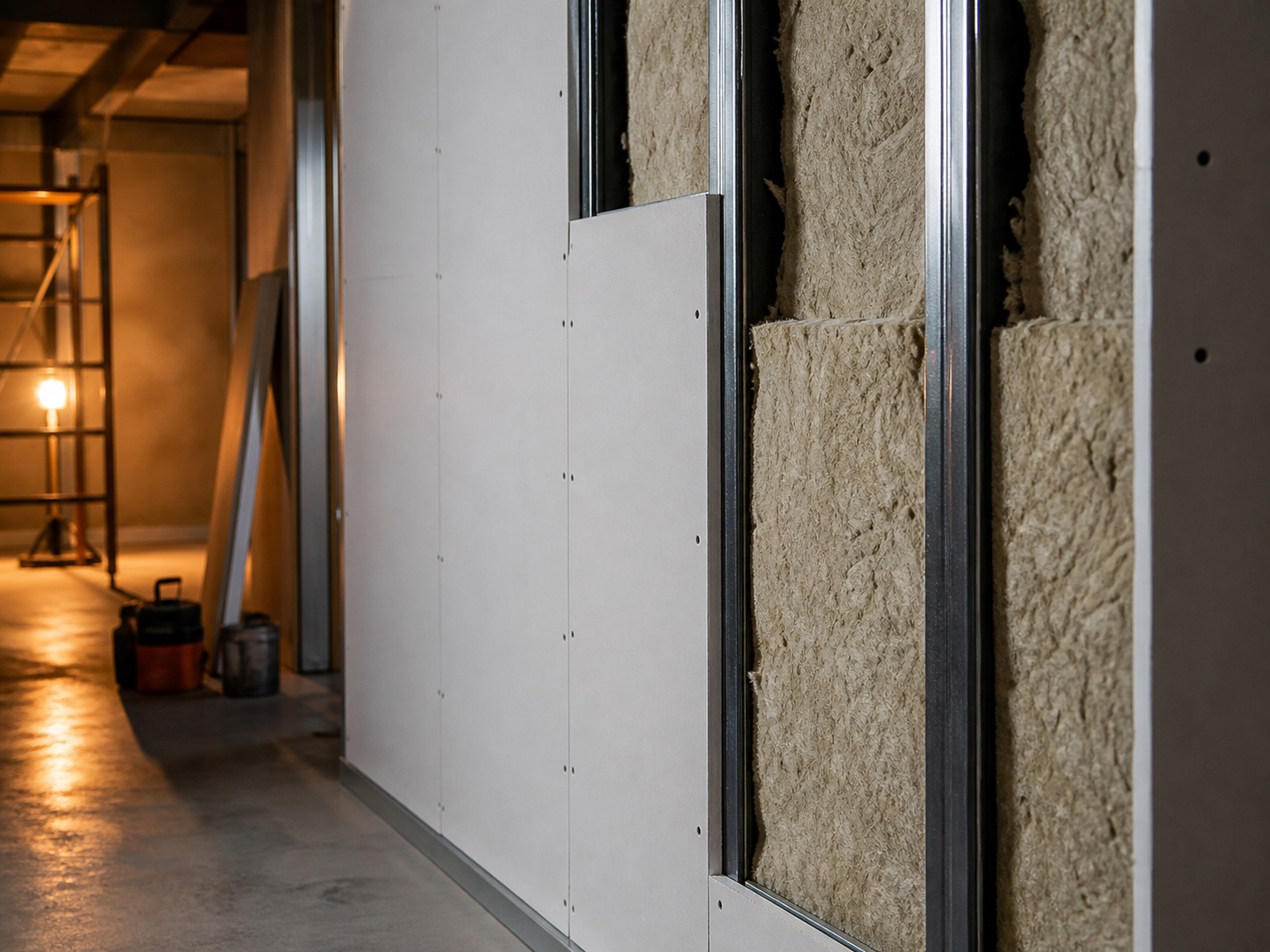 Parete in cartongesso con isolamento termoacustico interno tra profili metallici