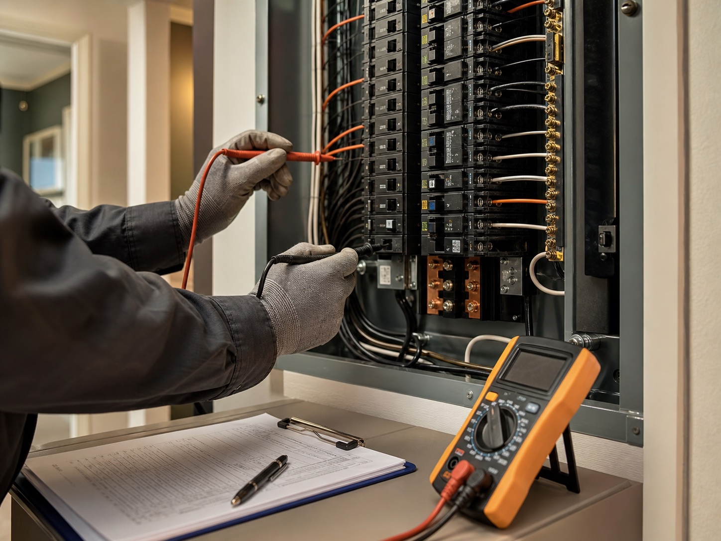Controllo finale di un quadro elettrico con strumenti di verifica