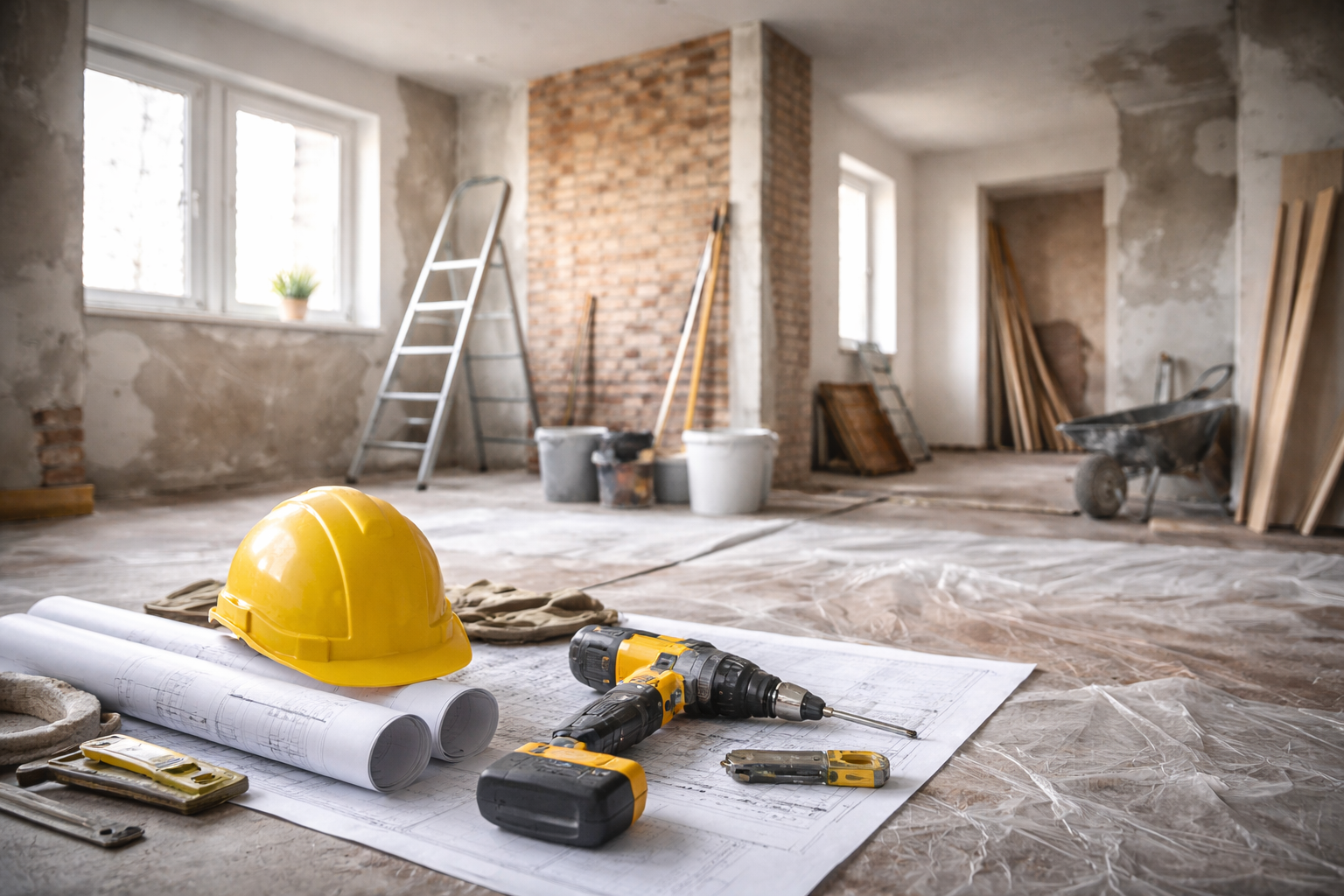 Cantiere interno preparato per la posa di porte e finiture