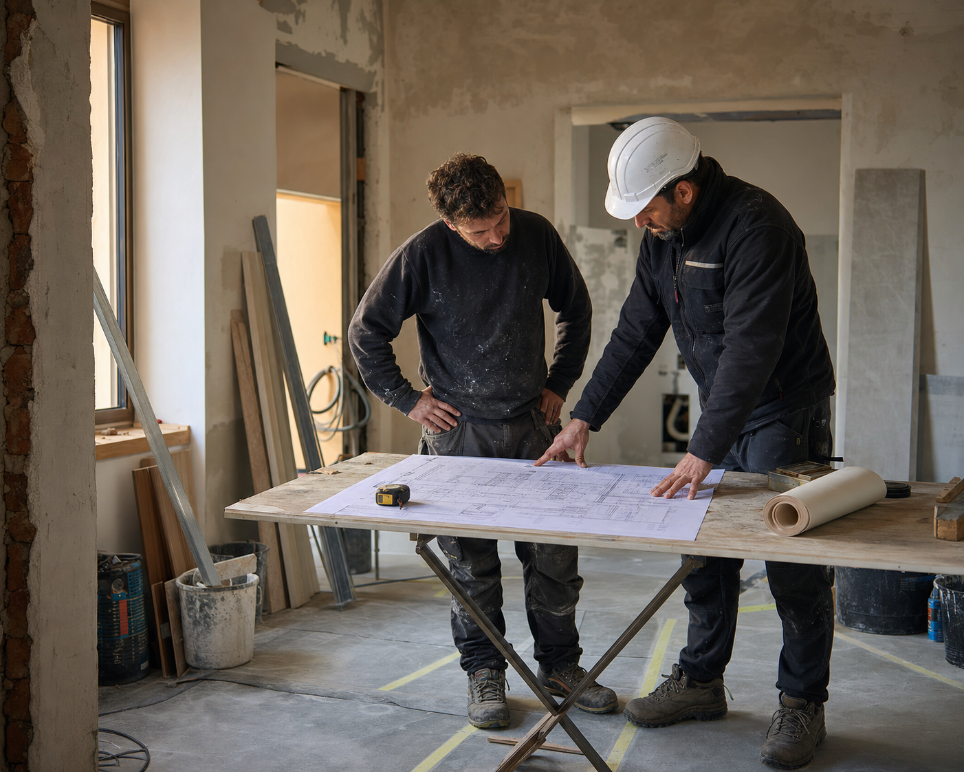 Gestione ordinata di un cantiere con strumenti, casco e documentazione tecnica