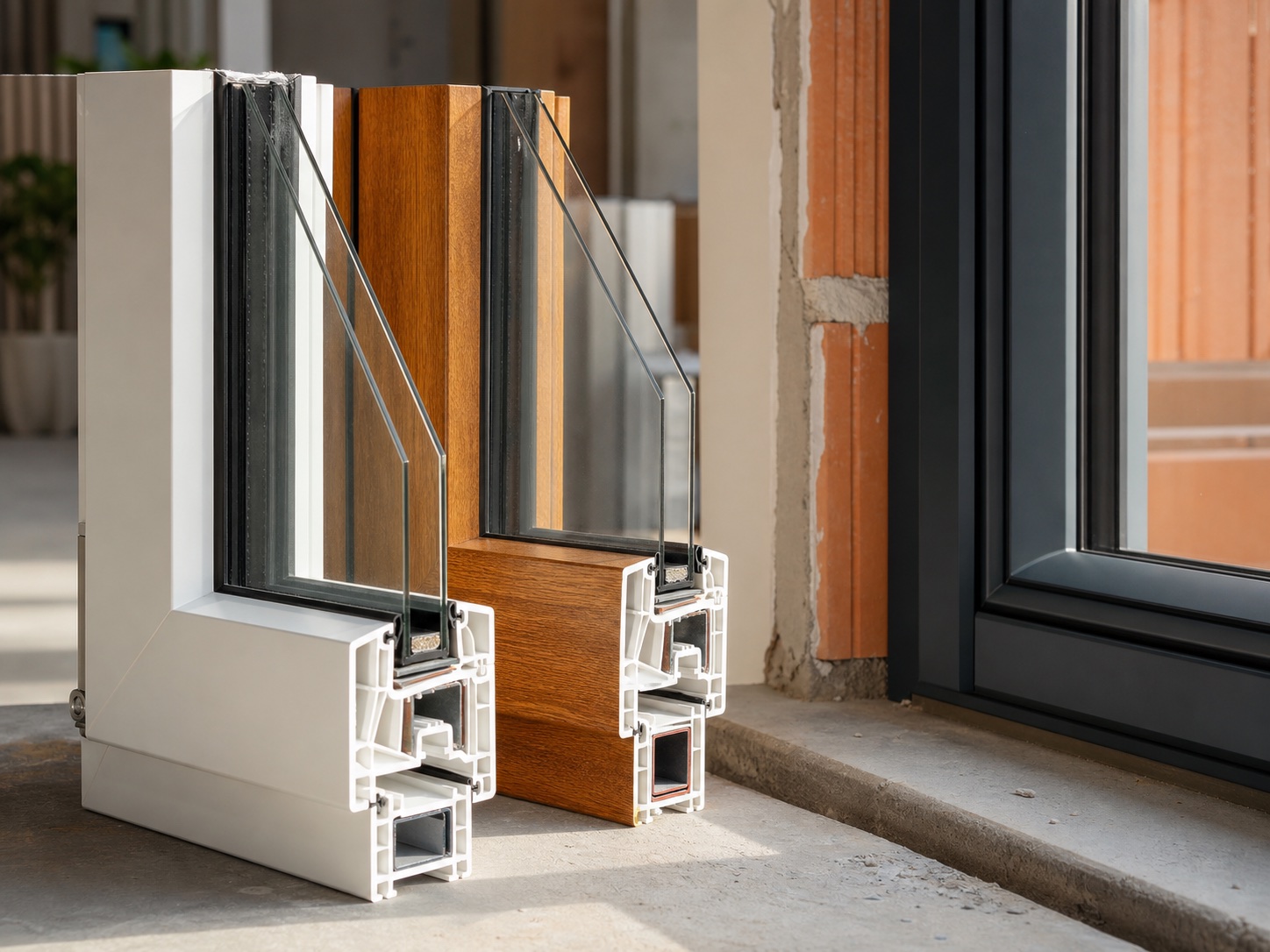 Profili per infissi in PVC con finiture bianche e effetto legno