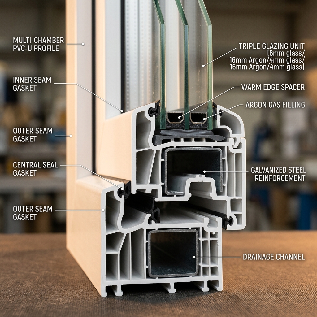 Sezione tecnica profilo infisso in PVC ad alto isolamento