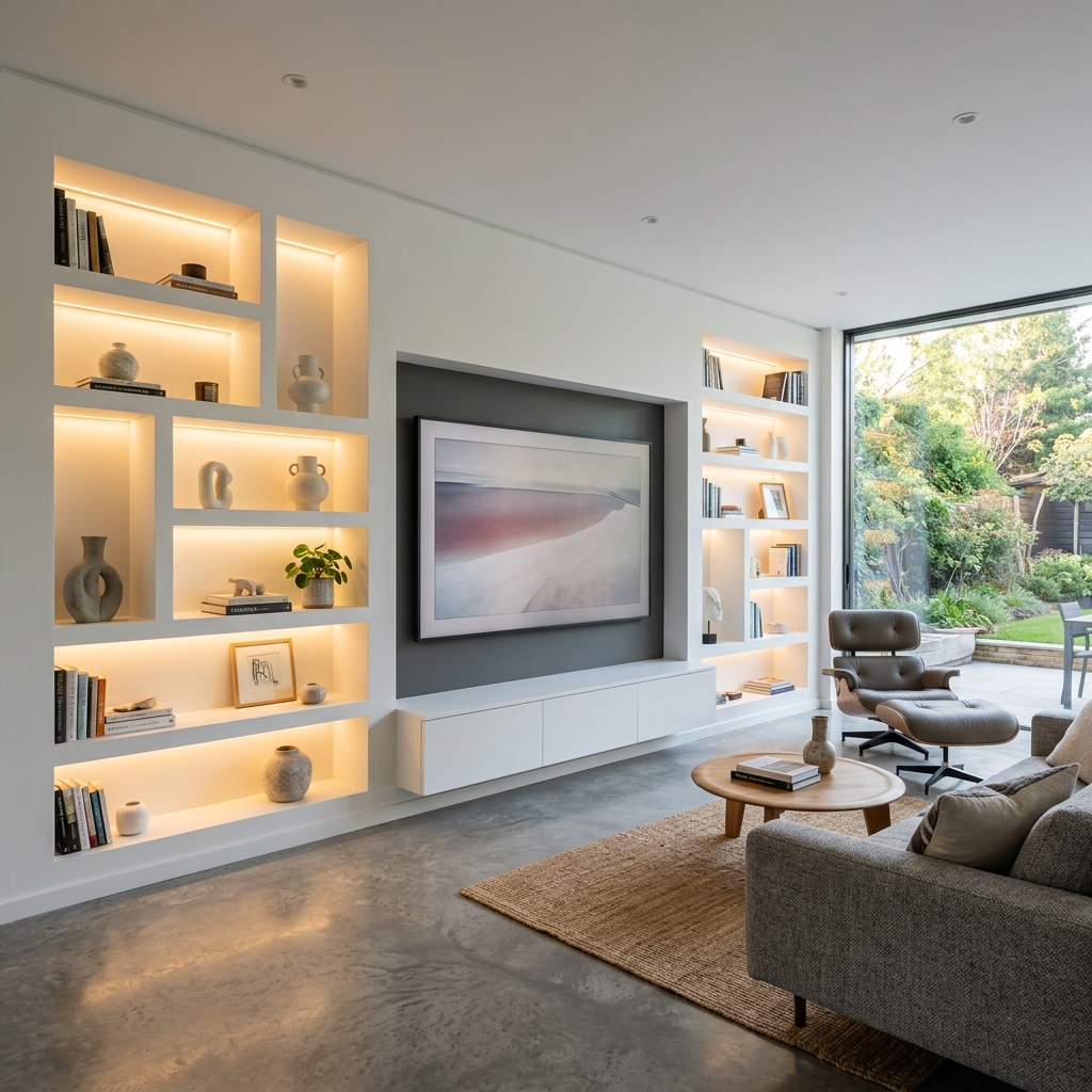 Libreria a muro in cartongesso con luci LED integrate