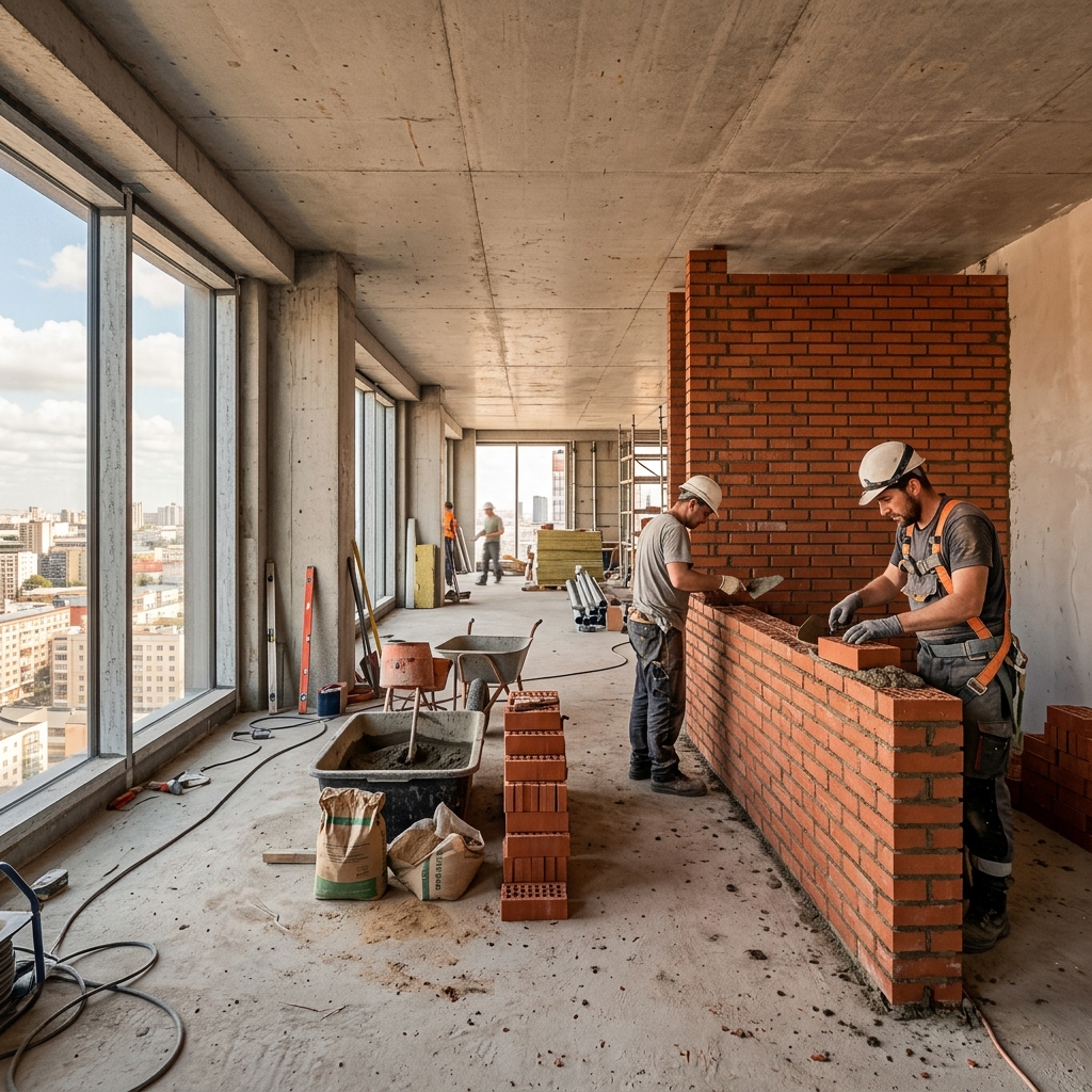 Muro in mattoni in costruzione cantiere edile