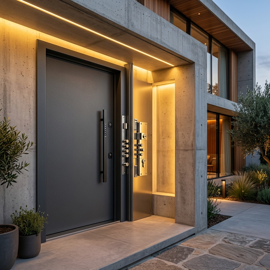 Porta blindata moderna installata in un ingresso contemporaneo