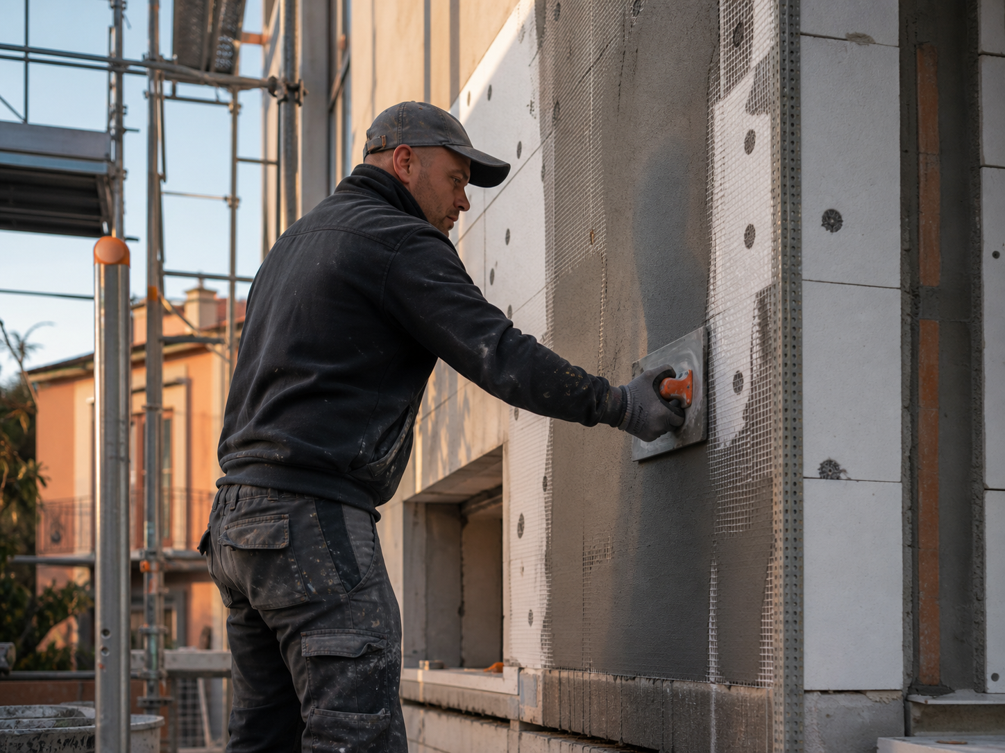 Operatore applica rasatura su pannelli per cappotto termico