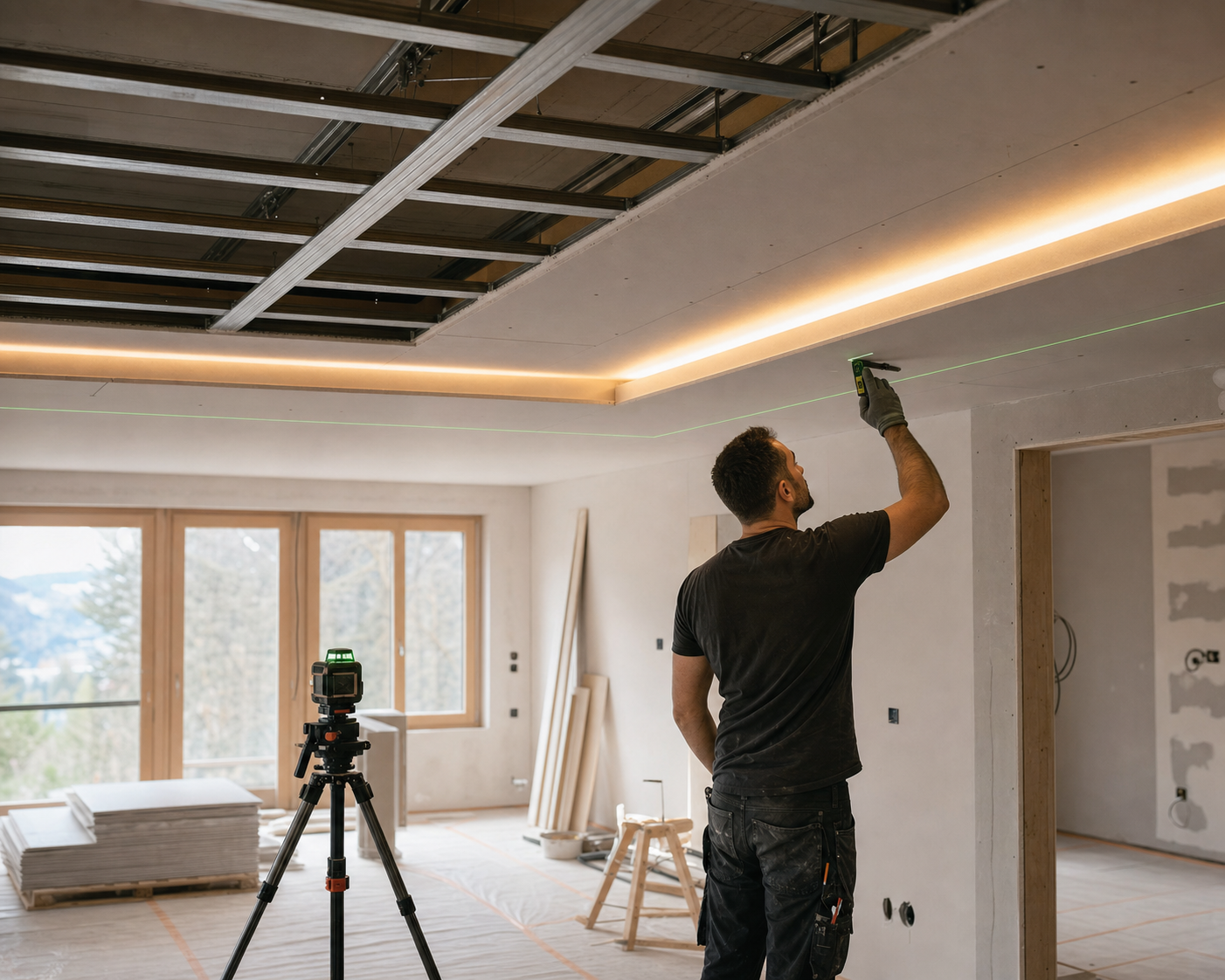 Installatore verifica l'allineamento di una veletta in cartongesso con luce LED