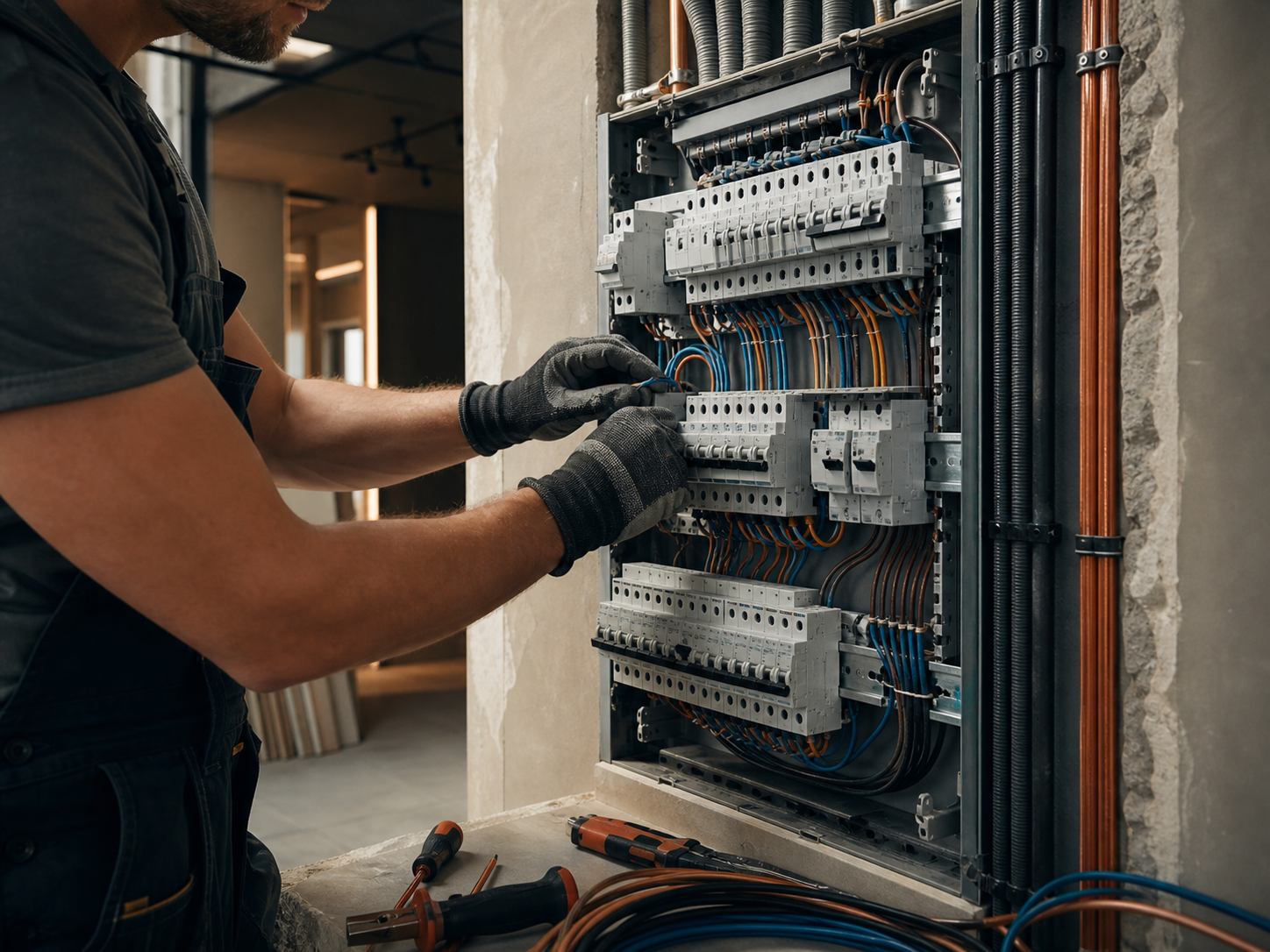 Quadro elettrico moderno con cablaggio ordinato in cantiere