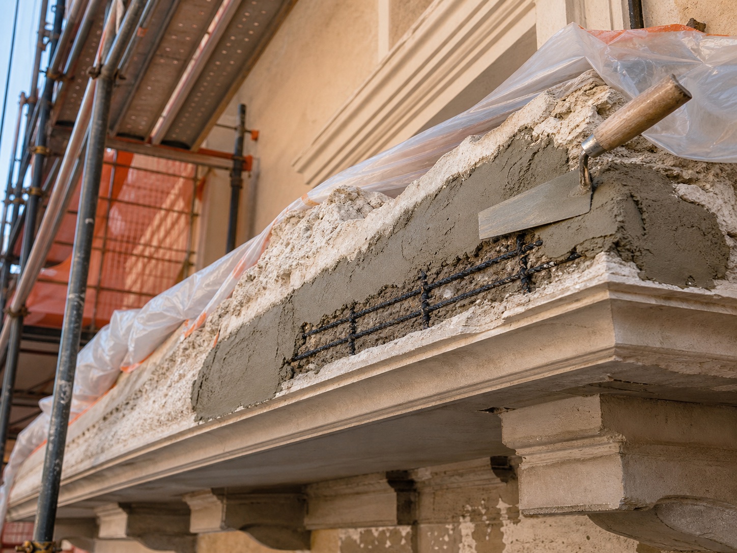 Ripristino di balcone e cornicione con malta da riparazione su ponteggio