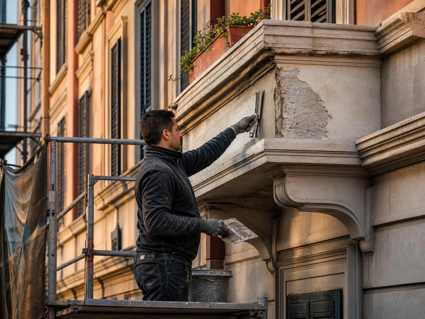 Operatore ripristina un balcone e una facciata esterna con ponteggio